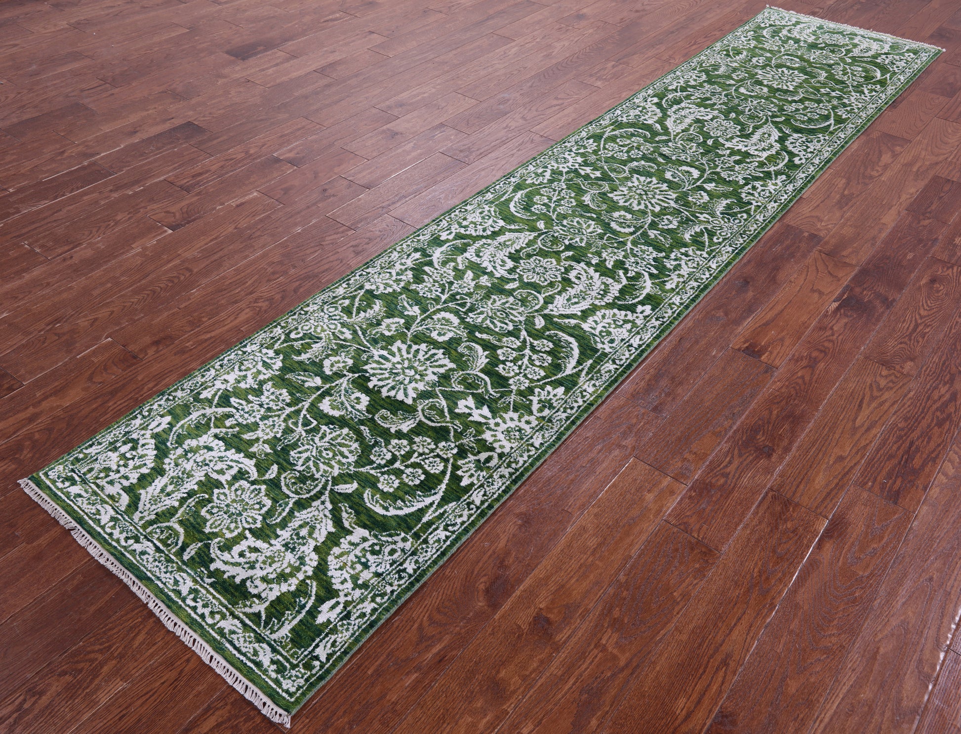 Green Persian Tabriz Hand Knotted Wool & Silk Runner Rug - 2' 6" X 11' 7" - Golden Nile