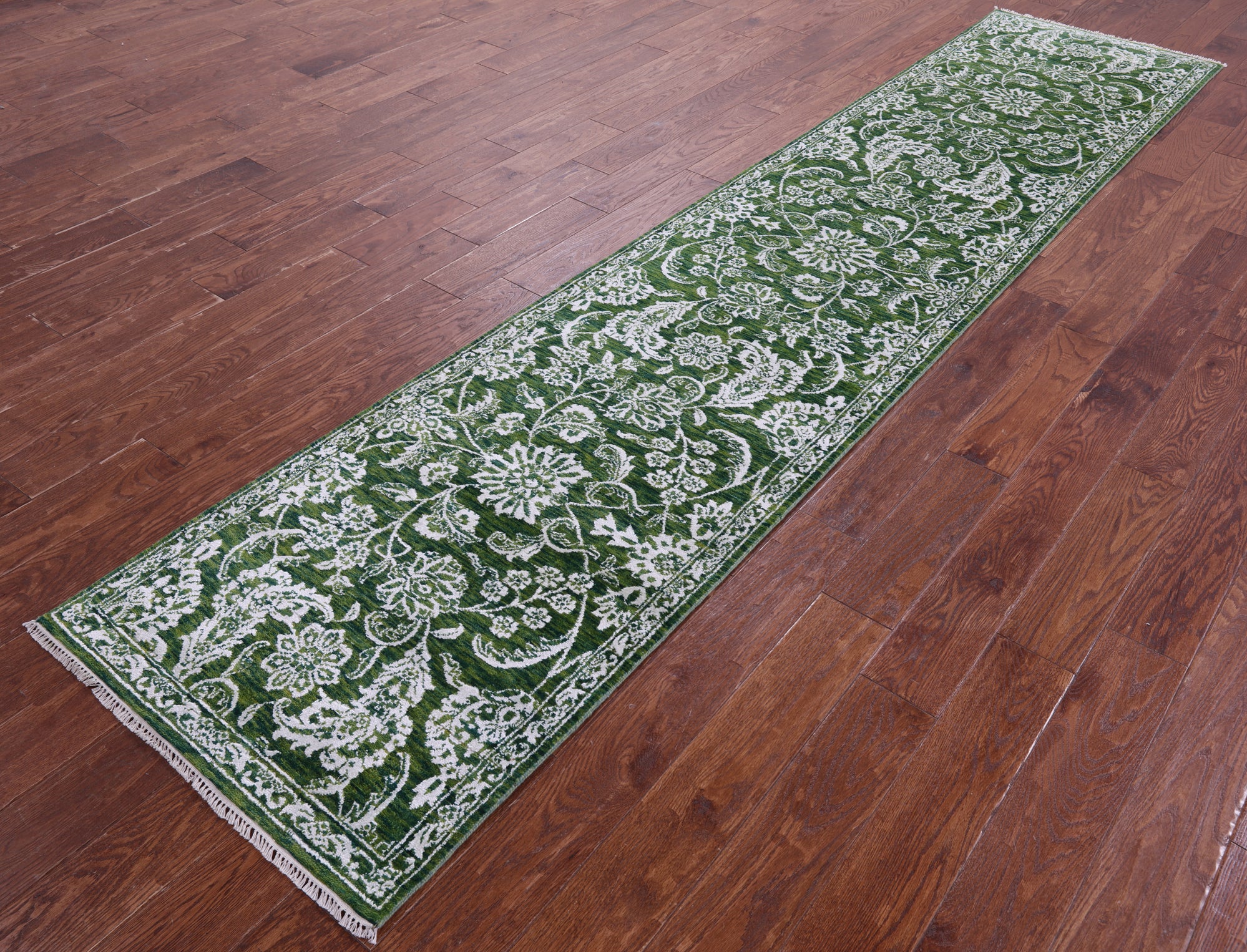 Green Persian Tabriz Hand Knotted Wool & Silk Runner Rug - 2' 6" X 11' 7" - Golden Nile