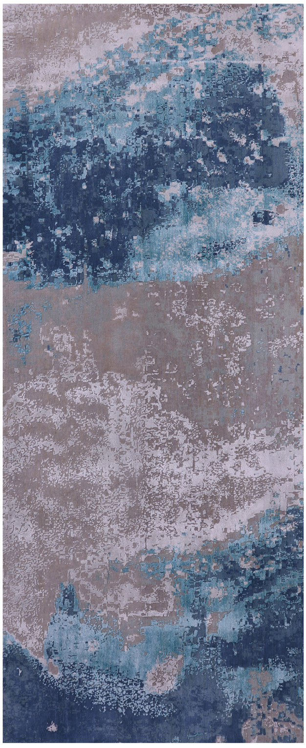 Abstract Modern Hand Knotted Wool & Silk Runner Rug - 4' 0" X 10' 0" - Golden Nile