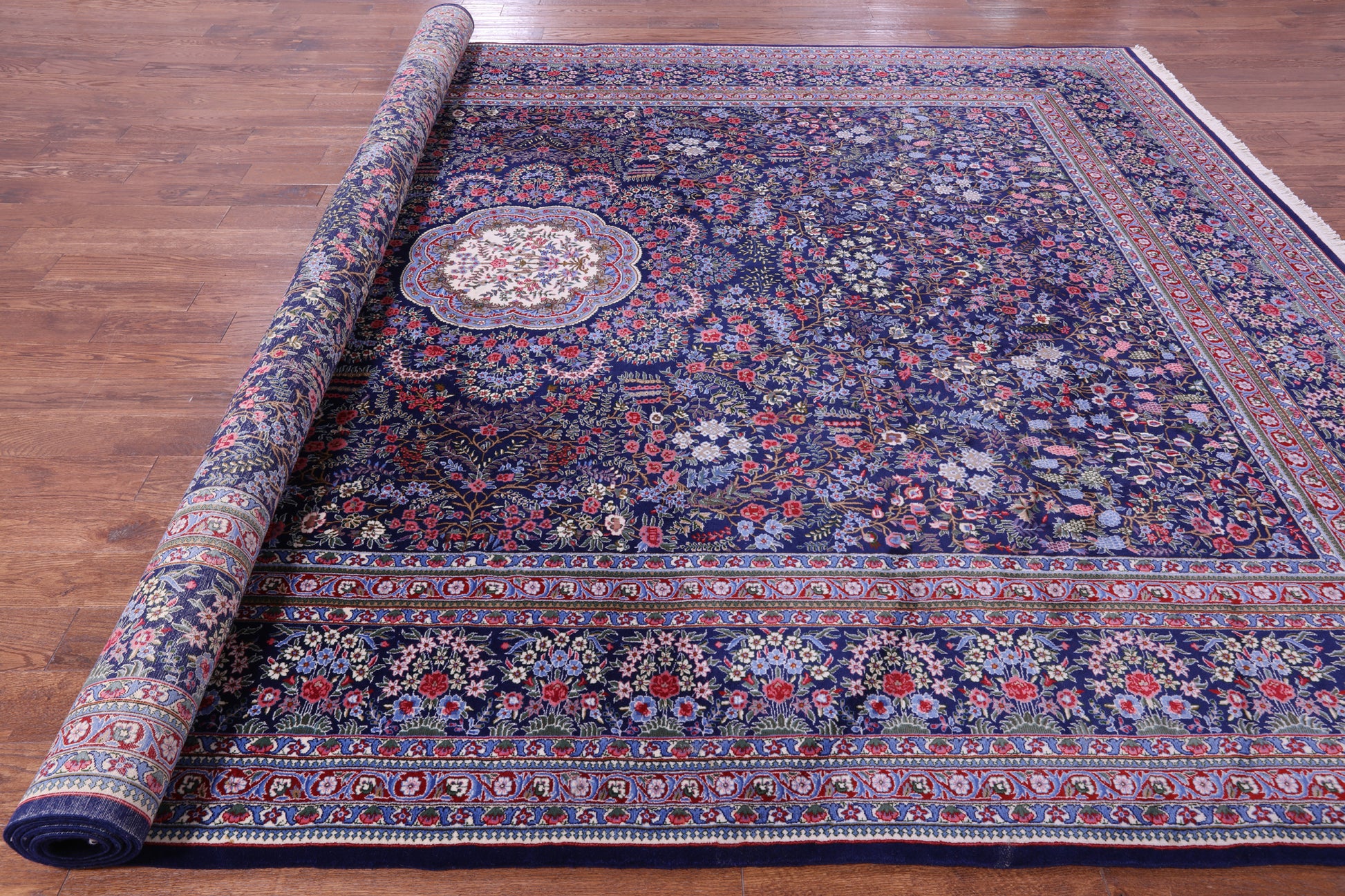 Blue Persian Kerman Hand Knotted Wool Rug - 10' 0" X 14' 0" - Golden Nile