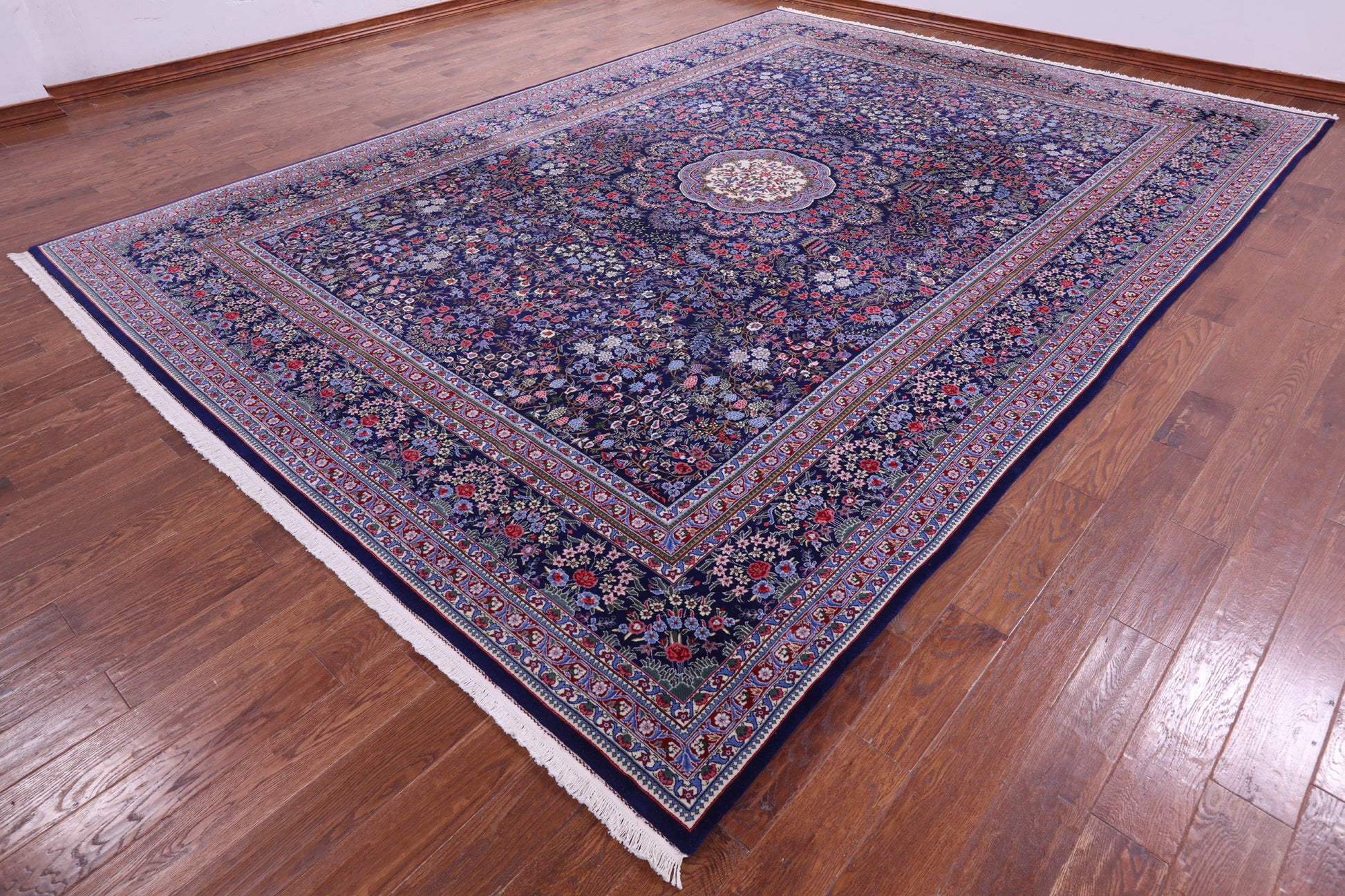 Blue Persian Kerman Hand Knotted Wool Rug - 10' 0" X 14' 0" - Golden Nile