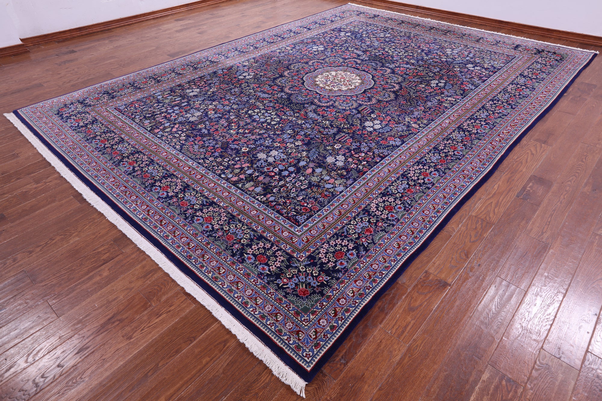 Blue Persian Kerman Hand Knotted Wool Rug - 10' 0" X 14' 0" - Golden Nile