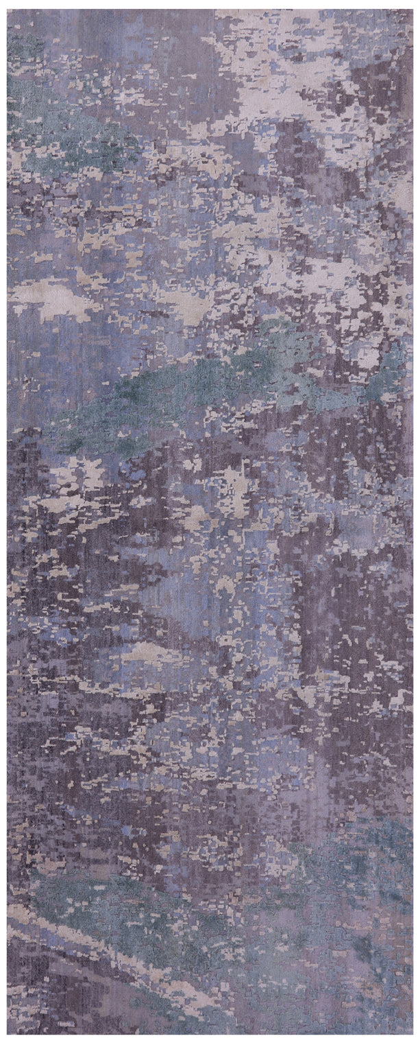 Abstract Modern Hand Knotted Wool & Silk Runner Rug - 3' 5" X 8' 11" - Golden Nile