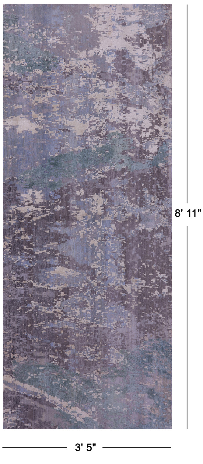 Abstract Modern Hand Knotted Wool & Silk Runner Rug - 3' 5" X 8' 11" - Golden Nile