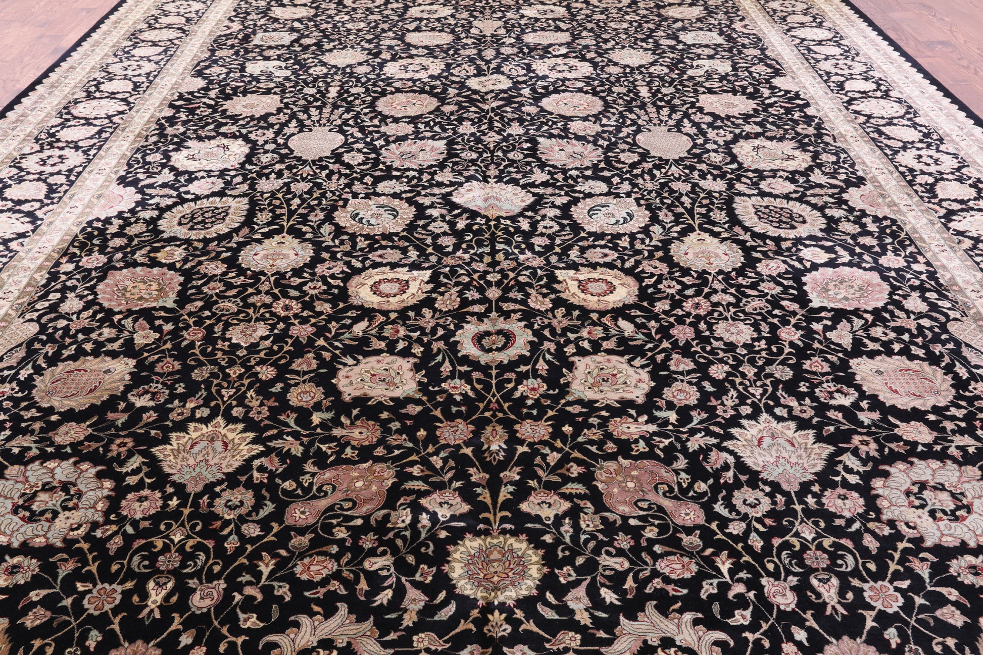 Black Persian Tabriz Hand Knotted Wool Rug - 12' 0" X 17' 1" - Golden Nile