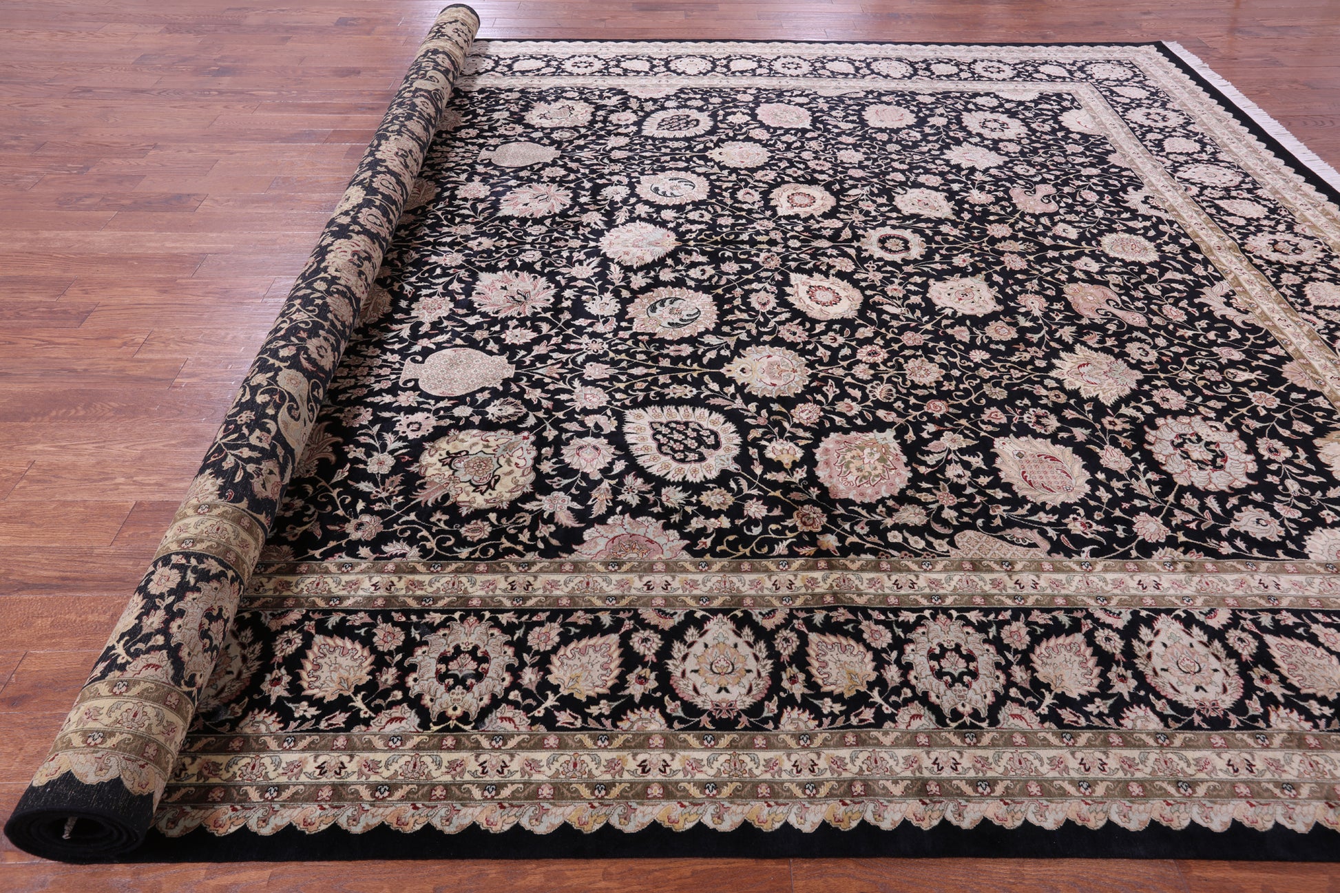 Black Persian Tabriz Hand Knotted Wool Rug - 12' 0" X 17' 1" - Golden Nile