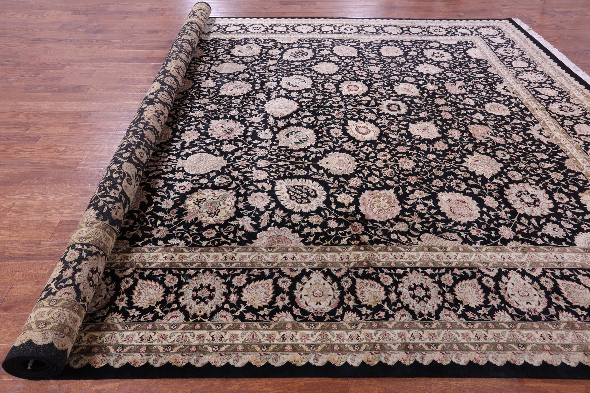 Black Persian Tabriz Hand Knotted Wool Rug - 12' 0" X 17' 1" - Golden Nile