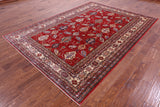 Red Super Kazak Hand Knotted Wool Rug - 7' 0" X 9' 8" - Golden Nile