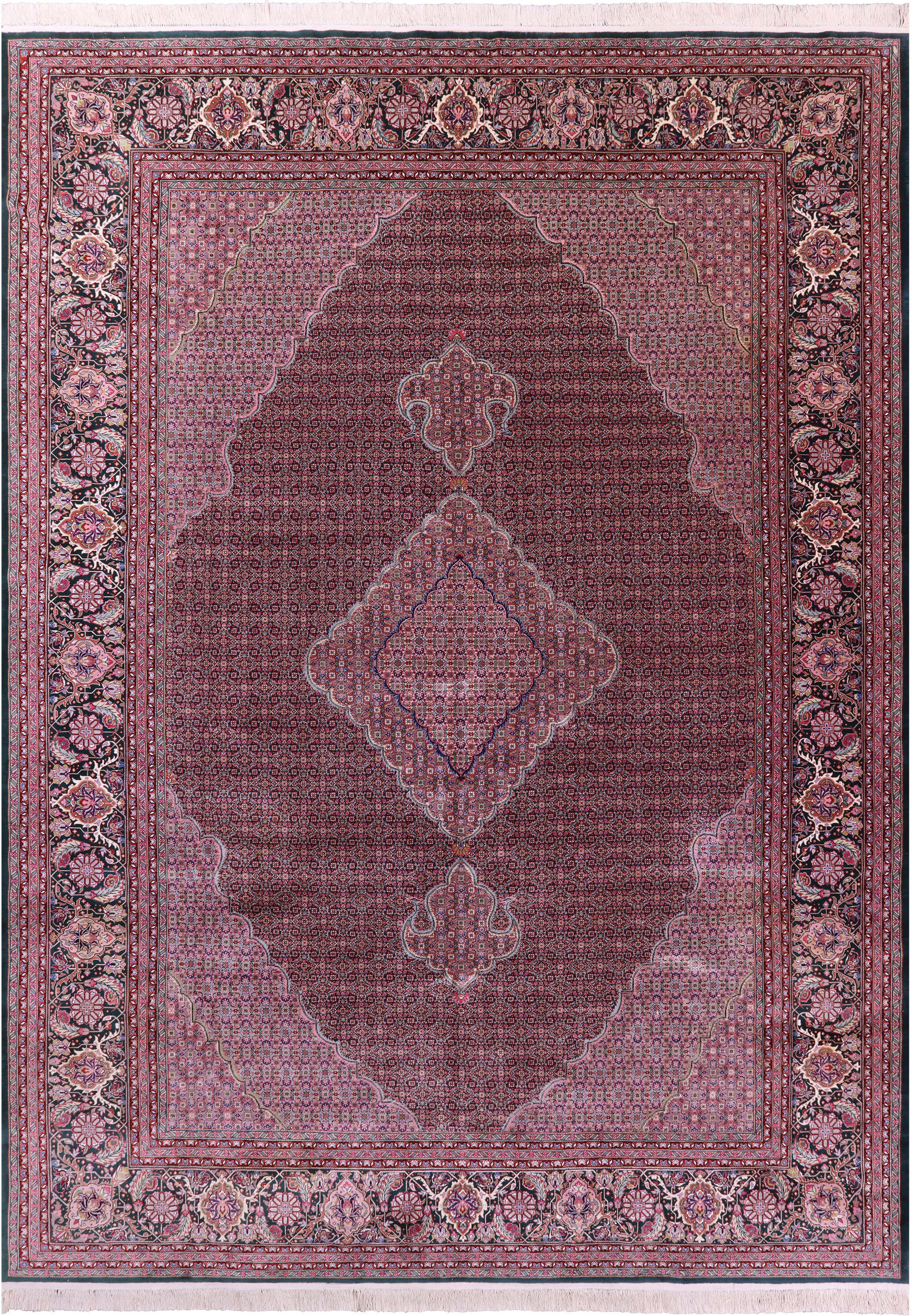 Light Pink/Dark Green Border Persian Tabriz Hand Knotted Wool & Silk Rug - 10' 2" X 14' 4" - Golden Nile