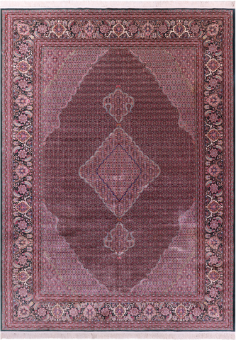 Light Pink/Dark Green Border Persian Tabriz Hand Knotted Wool & Silk Rug - 10' 2