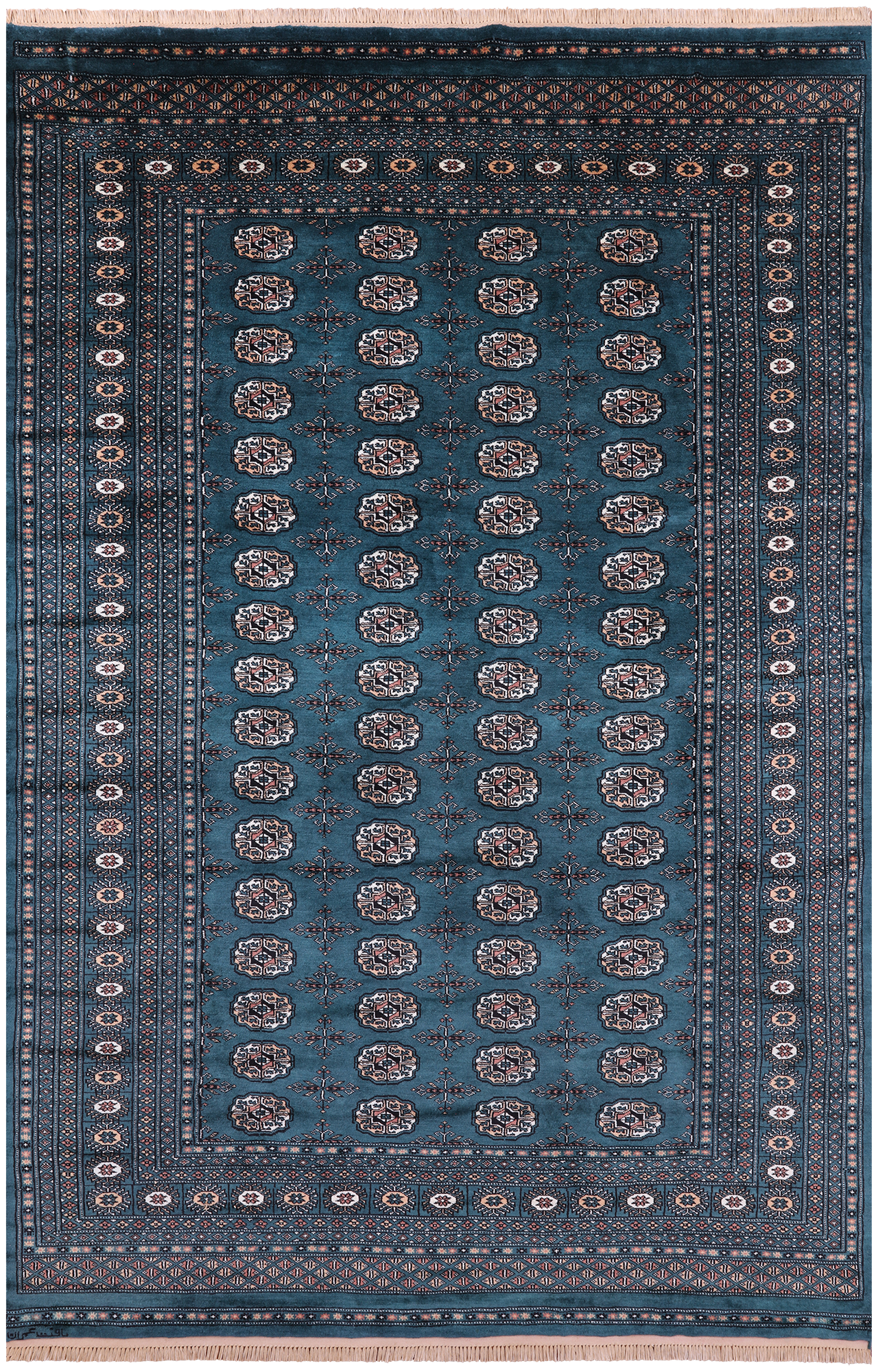 Green Signed Bokhara Handmade Wool Rug - 6' 1" X 9' 2" - Golden Nile