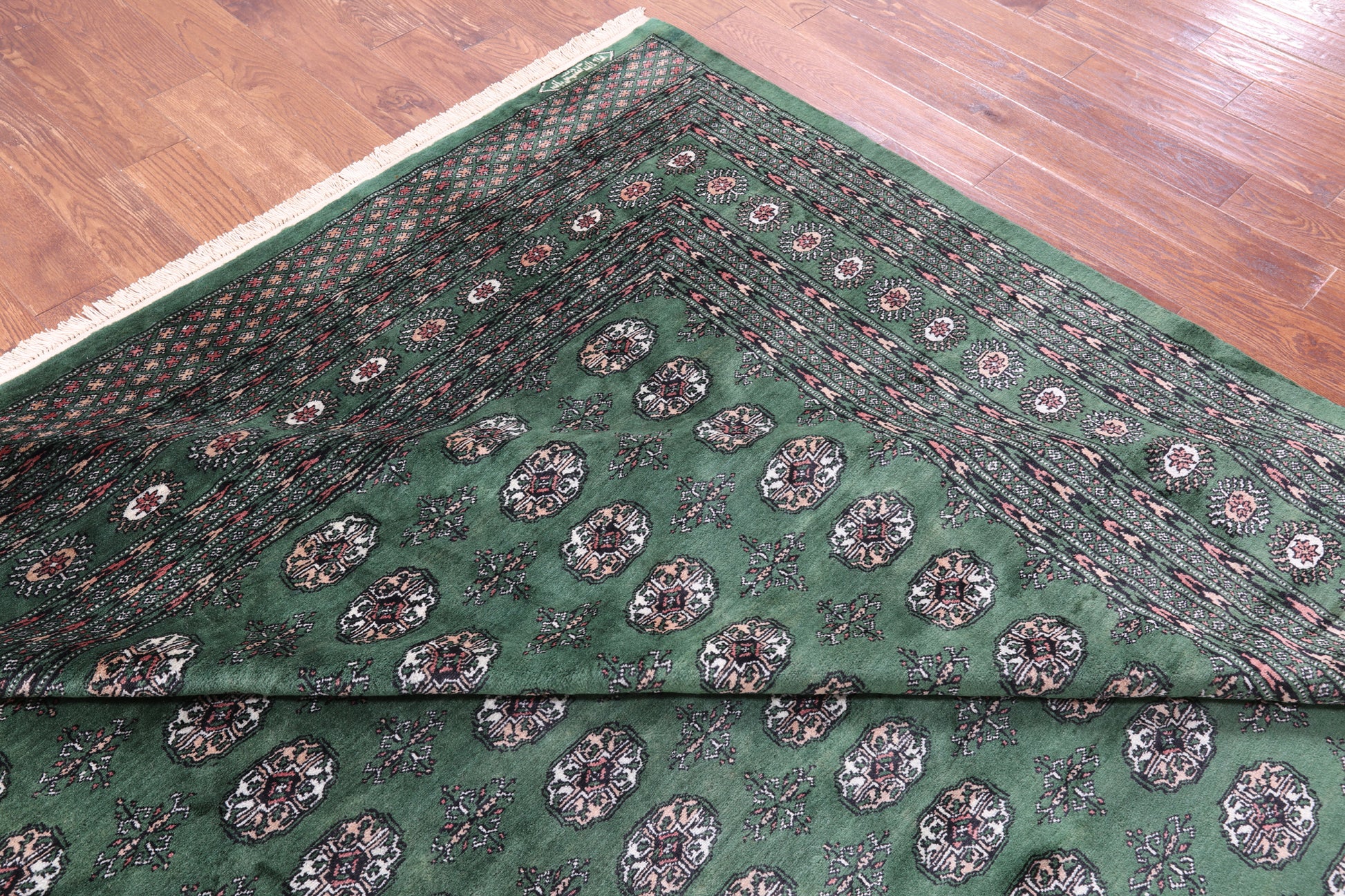 Green Signed Bokhara Handmade Wool Rug - 9' 3" X 12' 1" - Golden Nile