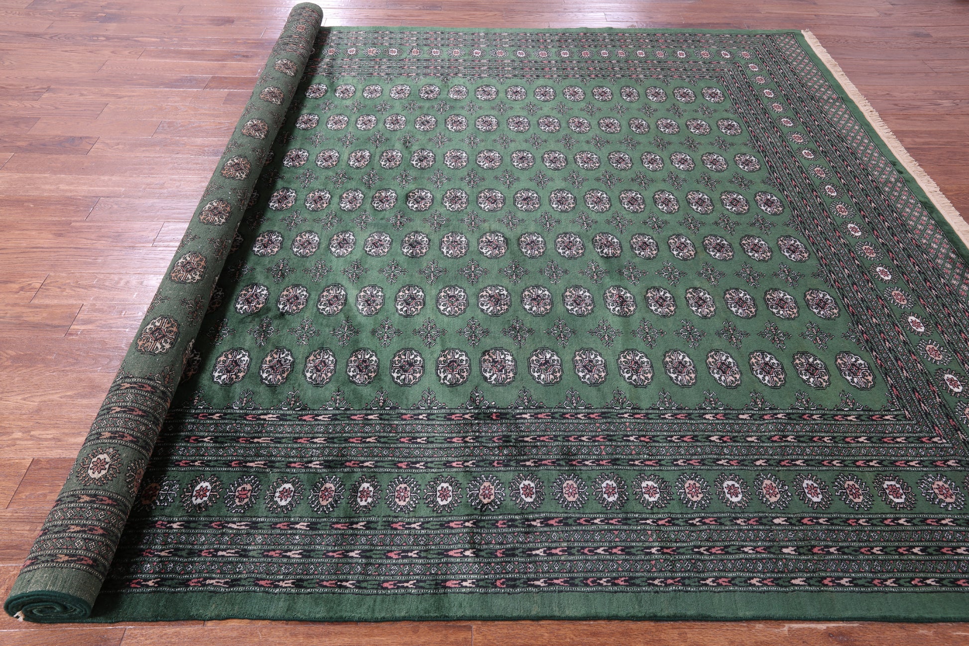 Green Signed Bokhara Handmade Wool Rug - 9' 3" X 12' 1" - Golden Nile