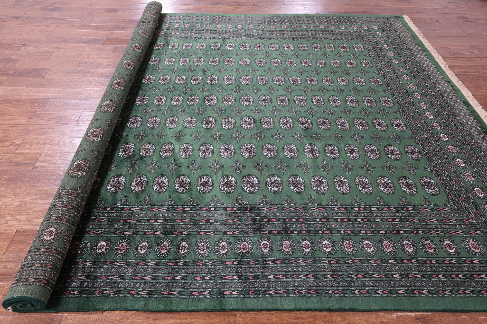 Green Signed Bokhara Handmade Wool Rug - 9' 3" X 12' 1" - Golden Nile