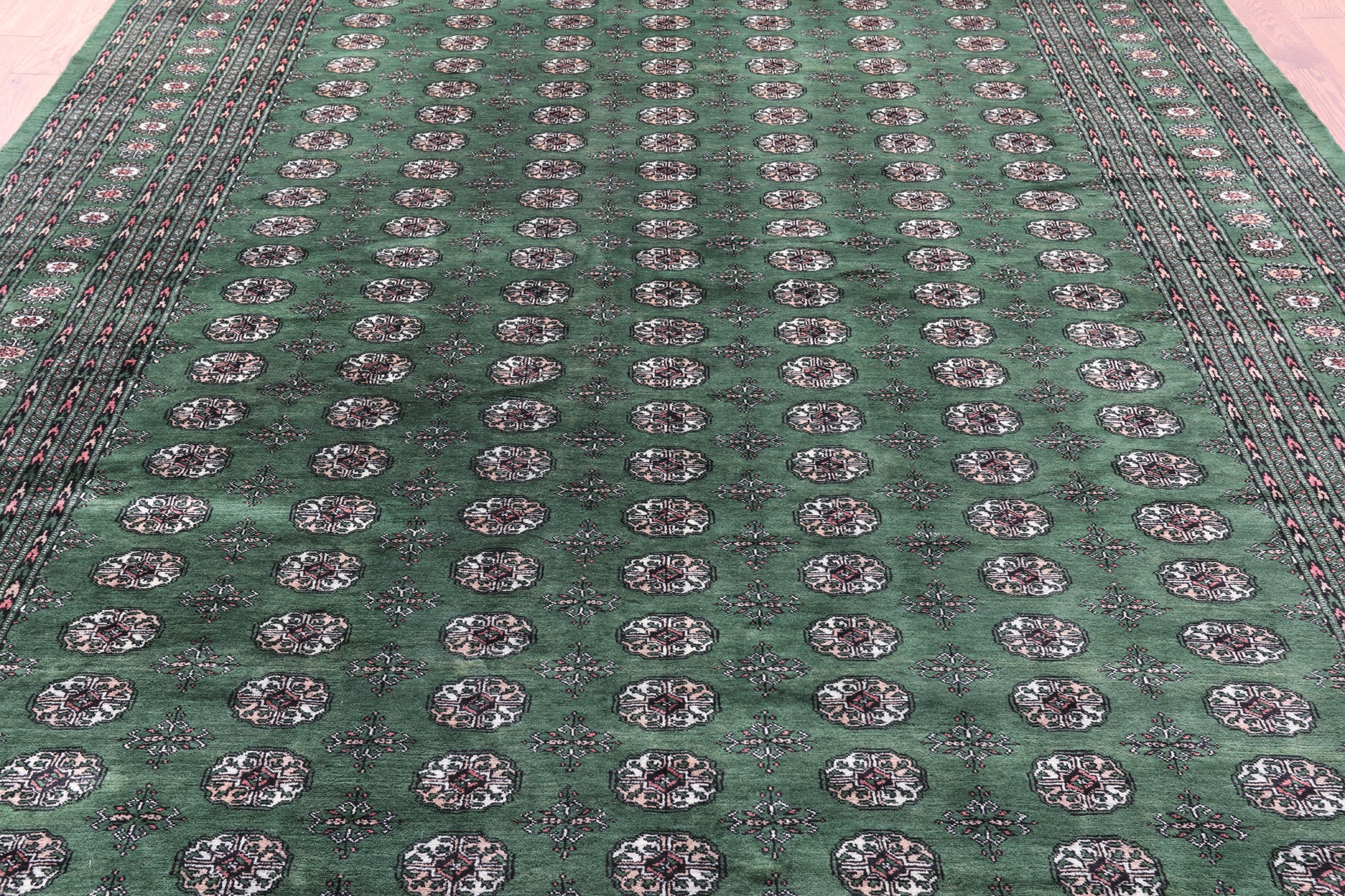 Green Signed Bokhara Handmade Wool Rug - 9' 3" X 12' 1" - Golden Nile