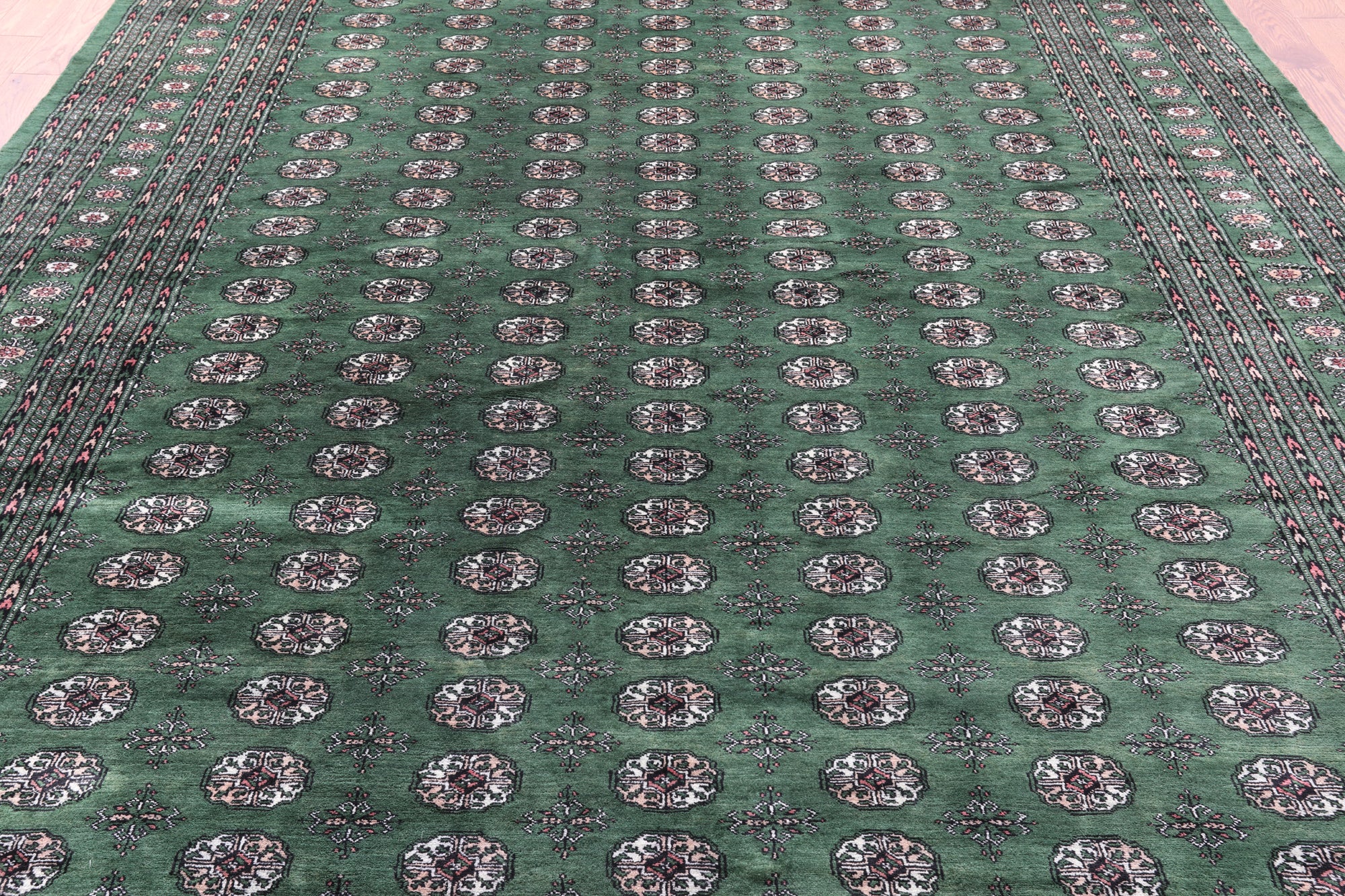 Green Signed Bokhara Handmade Wool Rug - 9' 3" X 12' 1" - Golden Nile