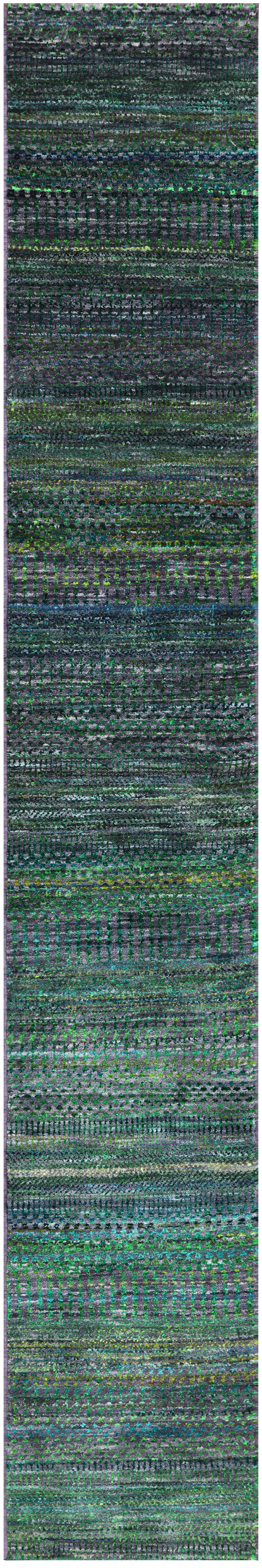 Green Savannah Grass Hand Knotted Wool & Silk Runner Rug - 1' 3" X 8' 1" - Golden Nile