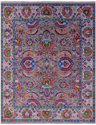 Grey Persian Tabriz Hand Knotted Wool & Silk Rug - 8' 1