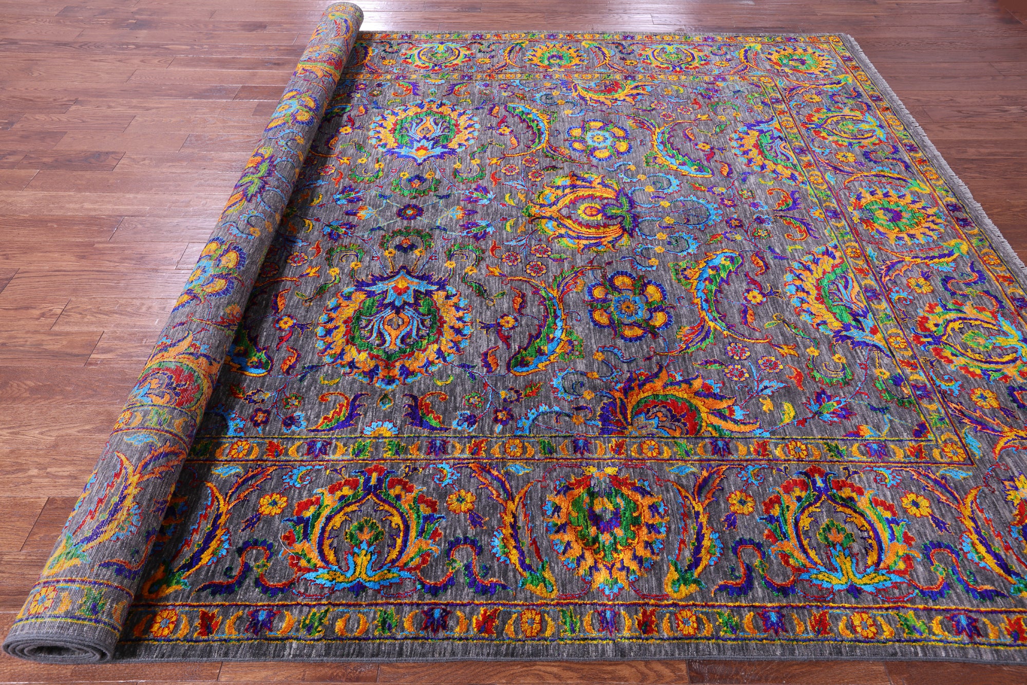 Grey Persian Tabriz Hand Knotted Wool & Silk Rug - 9' 1" X 12' 0" - Golden Nile