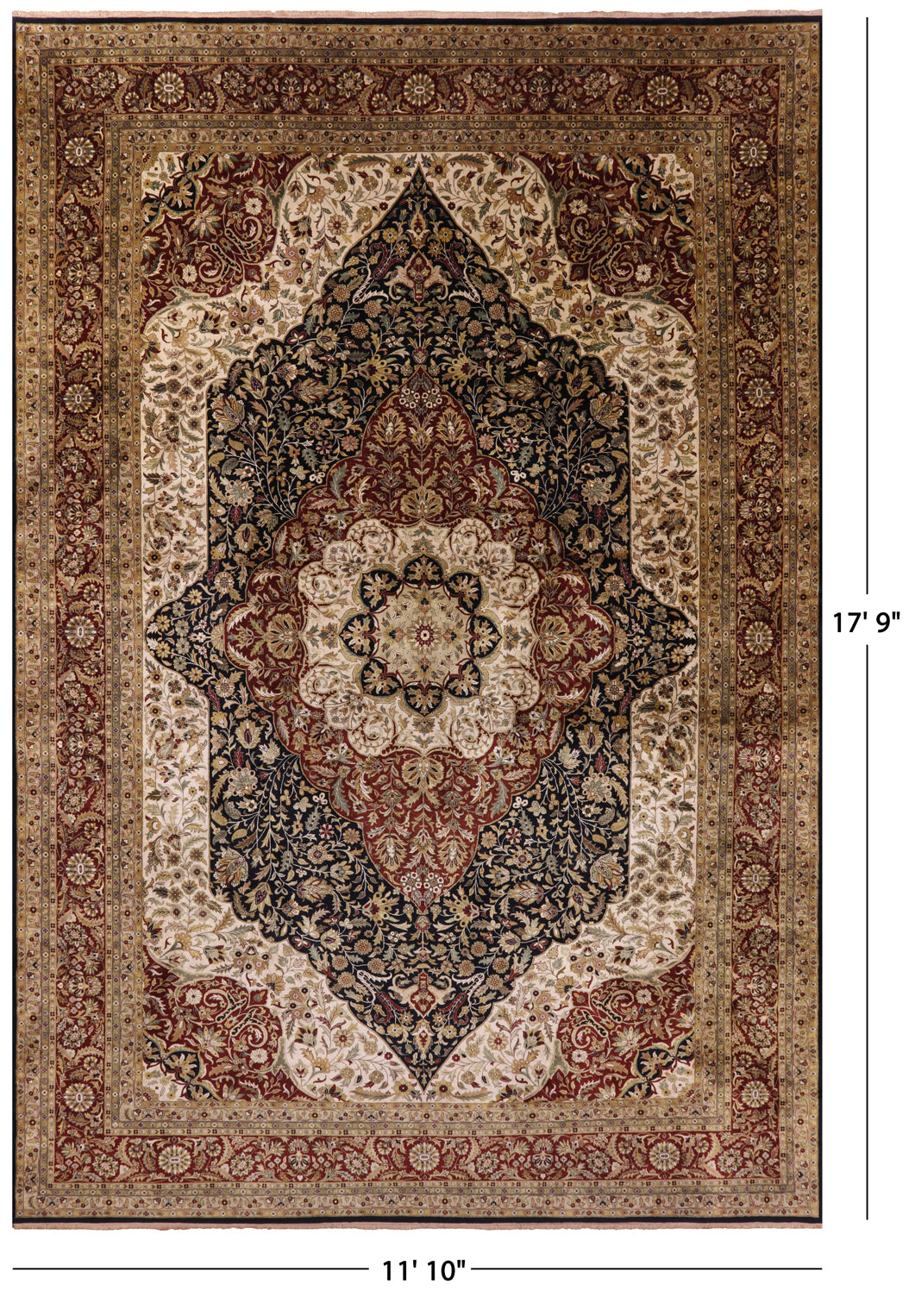 Black Persian Tabriz Hand Knotted Wool Rug - 11' 10" X 17' 9" - Golden Nile