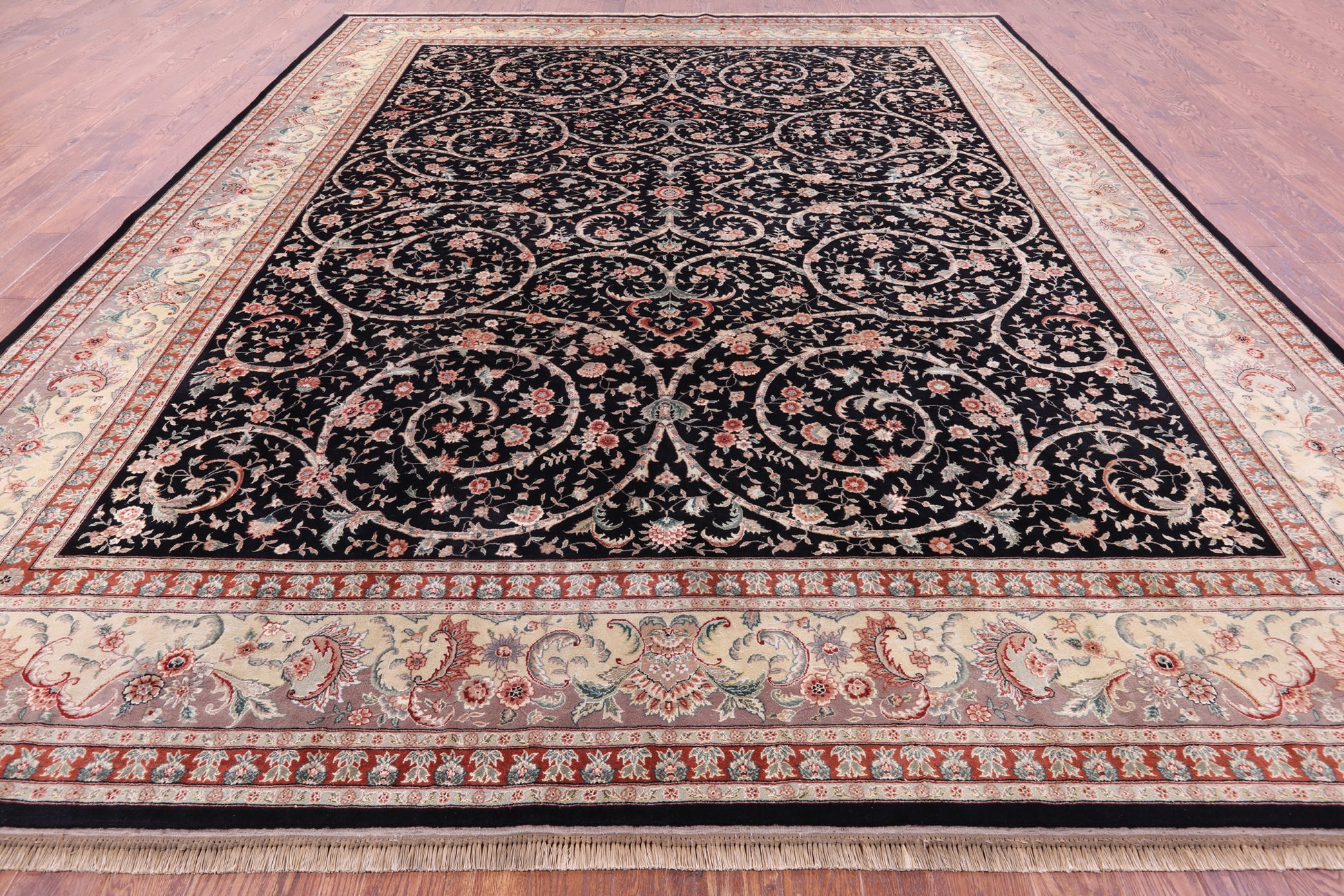 Black Persian Tabriz Hand Knotted Wool Rug - 11' 11" X 14' 8" - Golden Nile