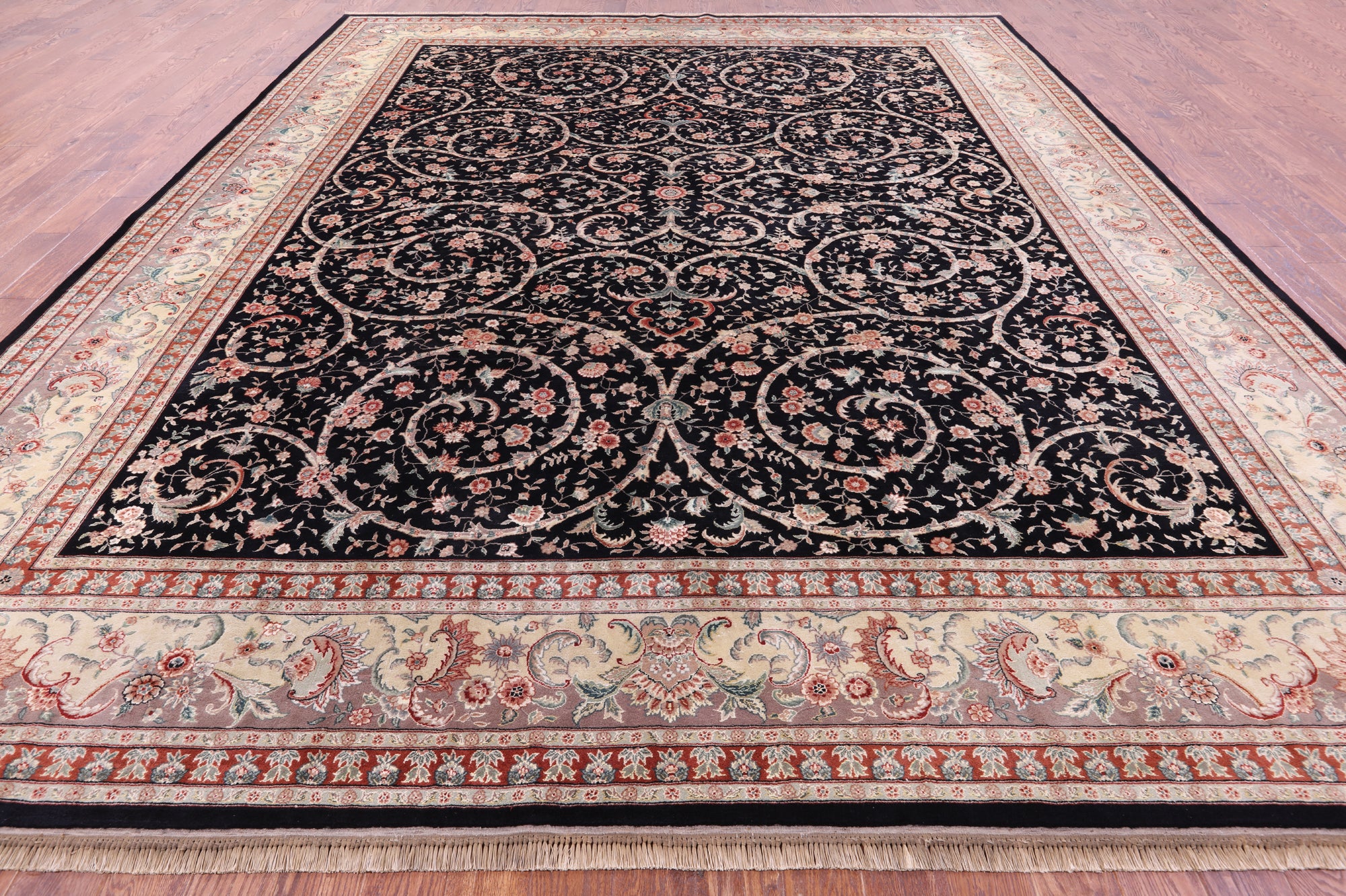 Black Persian Tabriz Hand Knotted Wool Rug - 11' 11" X 14' 8" - Golden Nile