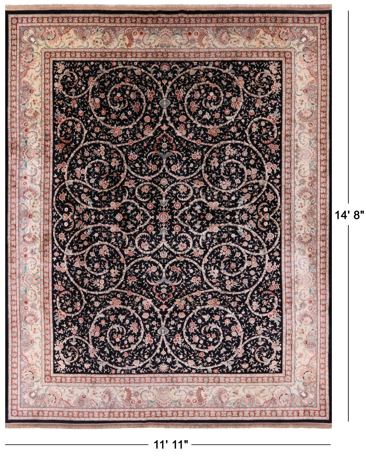 Black Persian Tabriz Hand Knotted Wool Rug - 11' 11" X 14' 8" - Golden Nile