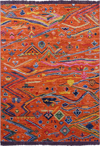 Orange Tribal Moroccan Hand Knotted Wool Rug - 4' 2