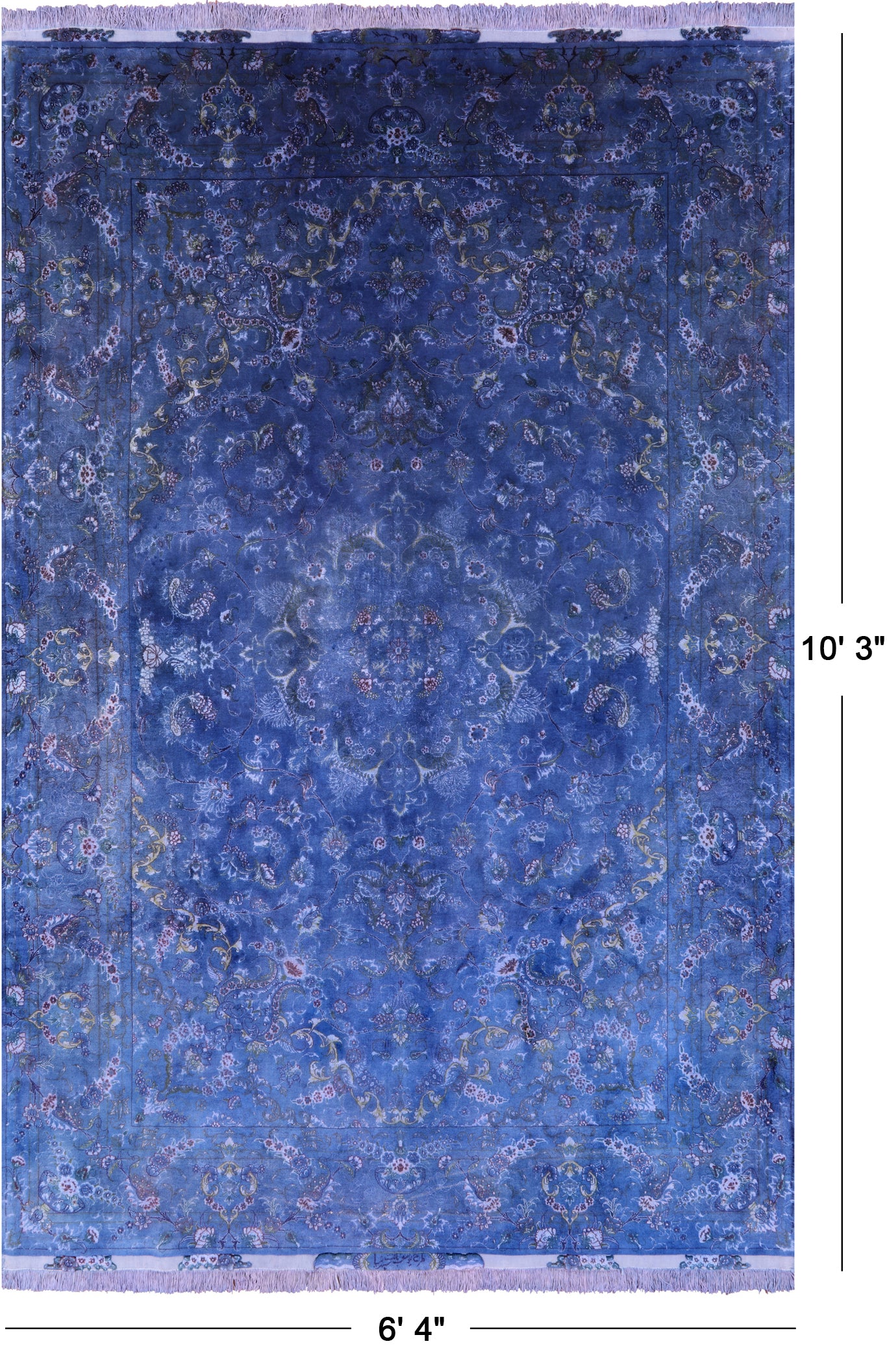Blue Overdyed Signed Authentic Persian Tabriz Hand Knotted Wool & Silk Rug - 6' 2" X 9' 5" - Golden Nile