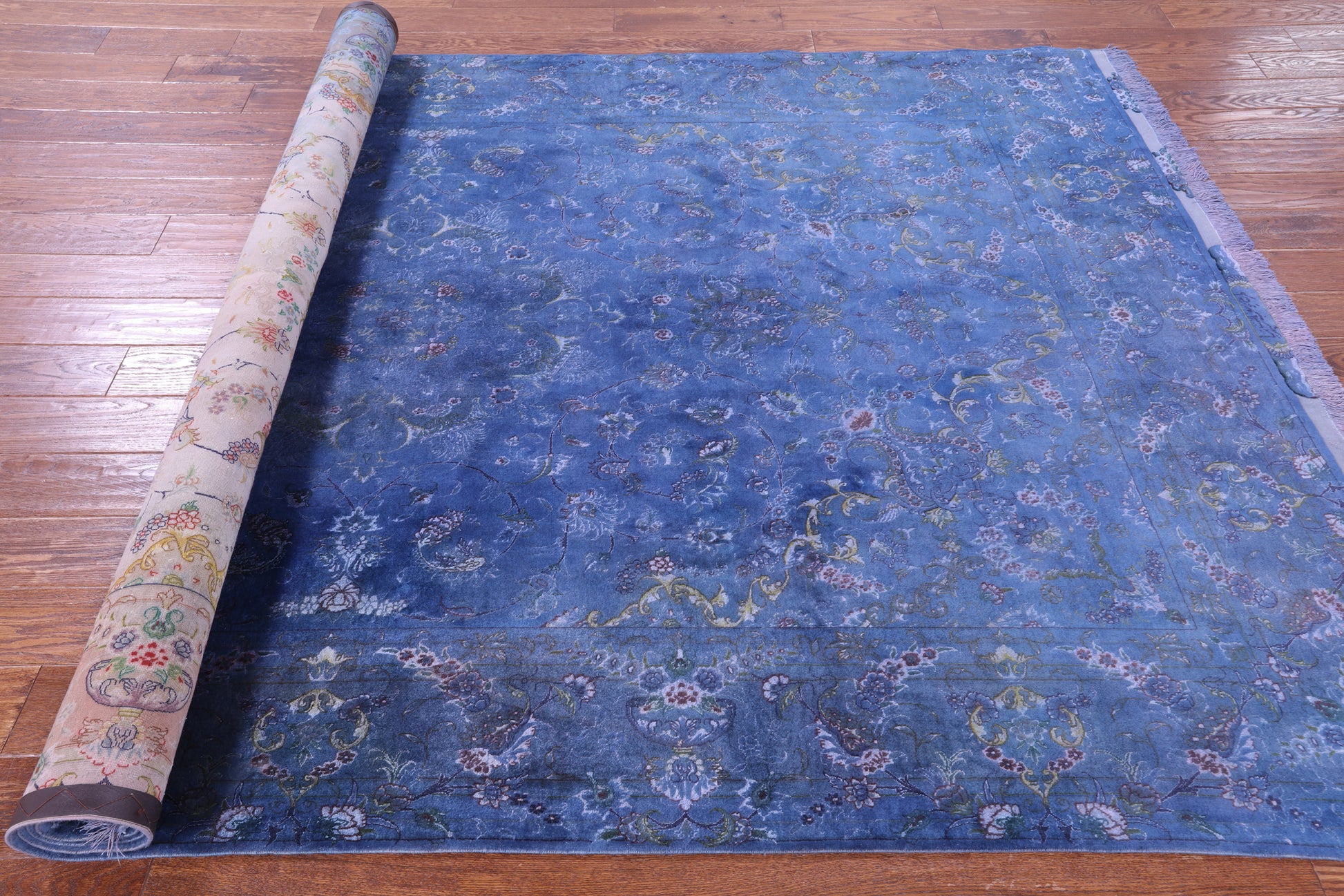 Blue Overdyed Signed Authentic Persian Tabriz Hand Knotted Wool & Silk Rug - 6' 2" X 9' 5" - Golden Nile