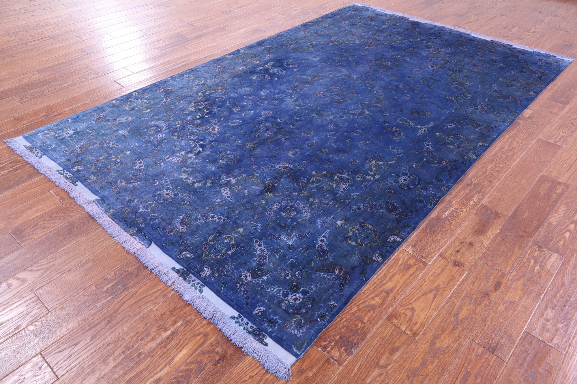 Blue Overdyed Signed Authentic Persian Tabriz Hand Knotted Wool & Silk Rug - 6' 2" X 9' 5" - Golden Nile