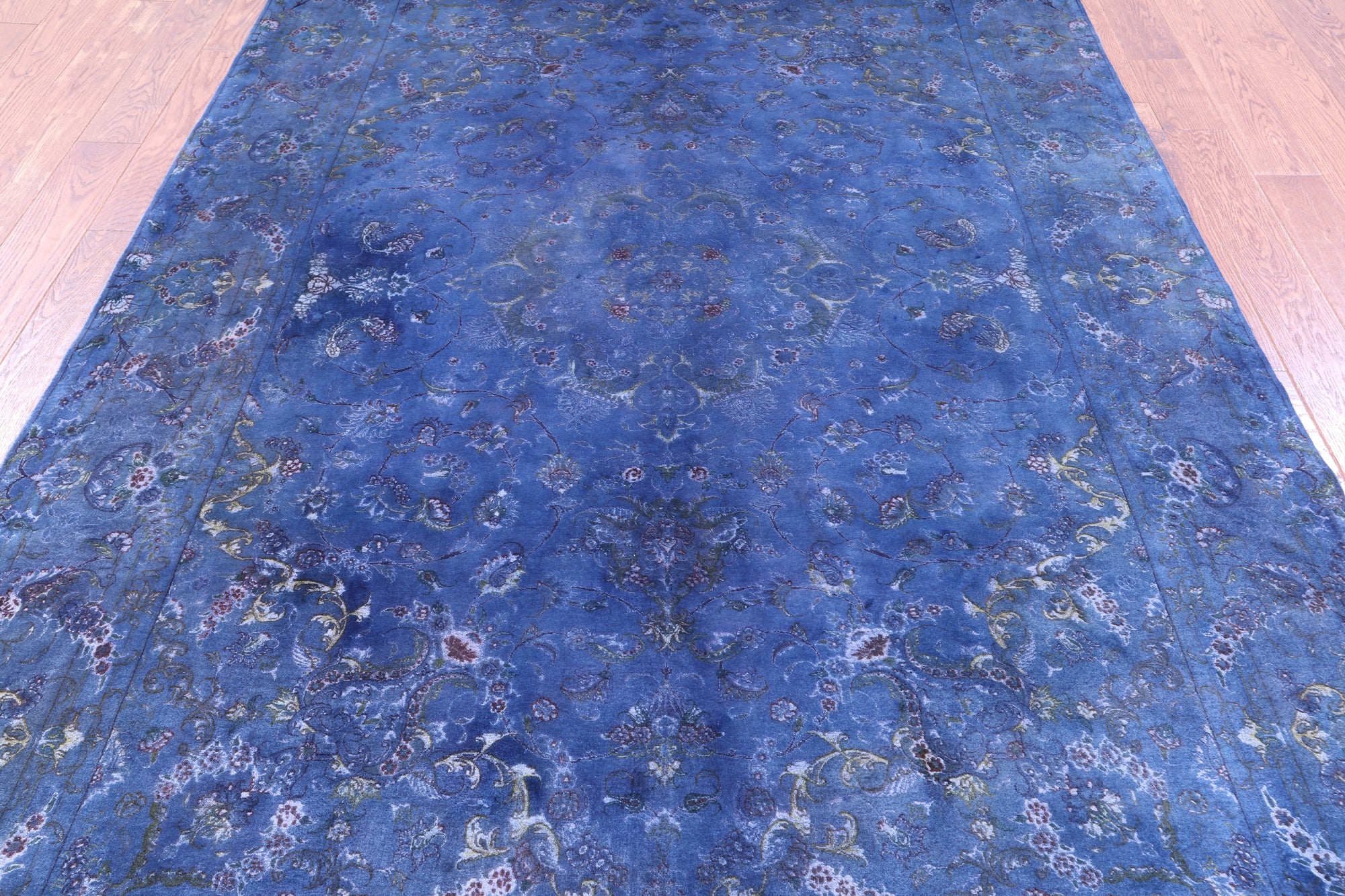 Blue Overdyed Signed Authentic Persian Tabriz Hand Knotted Wool & Silk Rug - 6' 2" X 9' 5" - Golden Nile