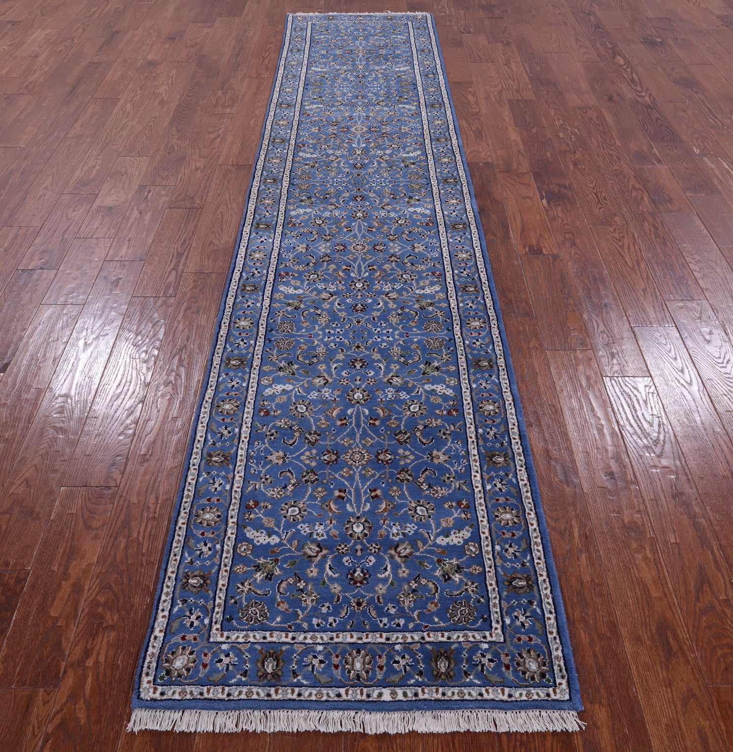 Blue Persian Nain Handmade Wool & Silk Runner Rug - 2' 9" X 12' 1" - Golden Nile