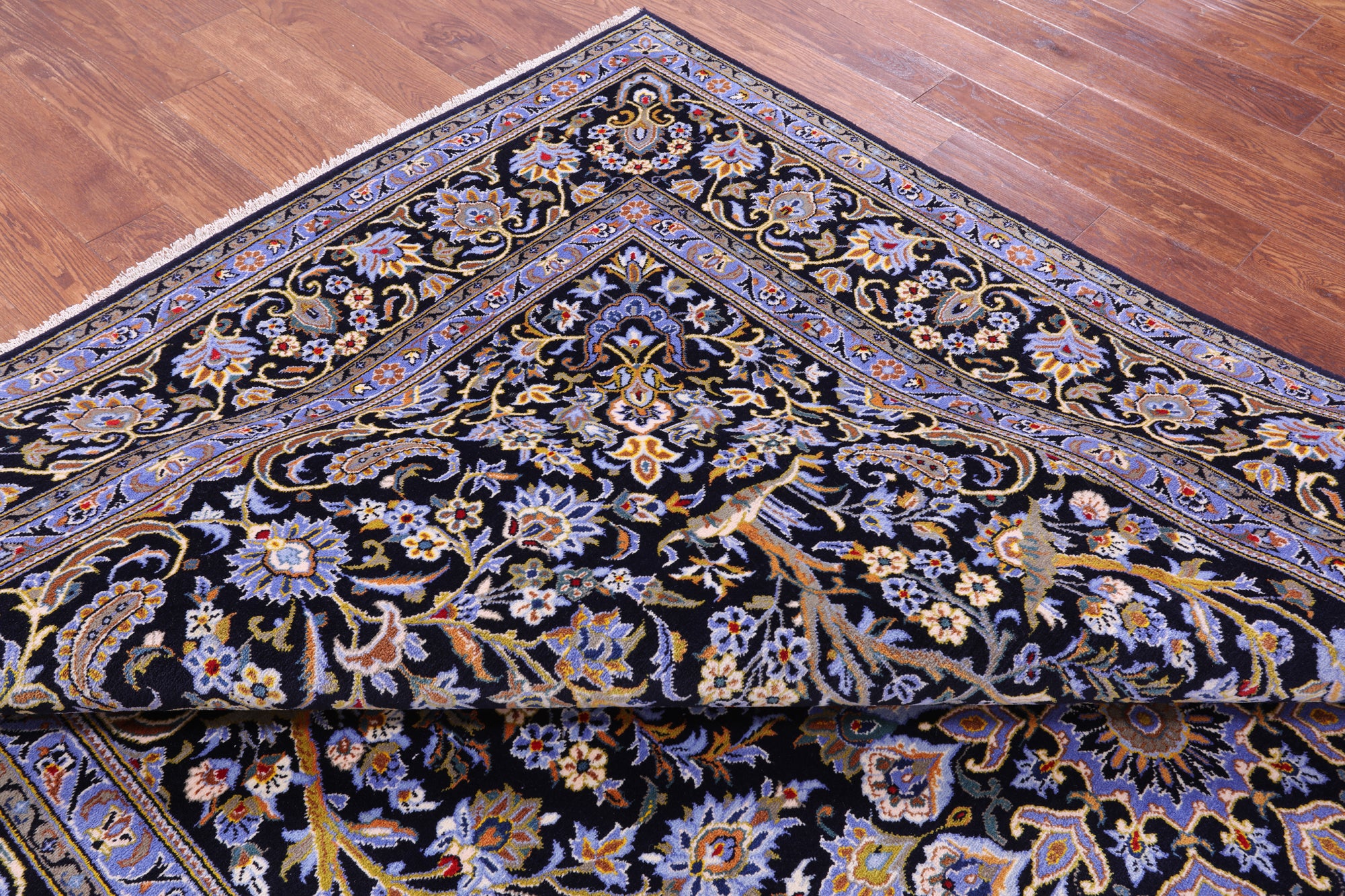 Blue Tree Of Life Persian Kashan Handmade Wool Rug - 7' 9" X 12' 2"