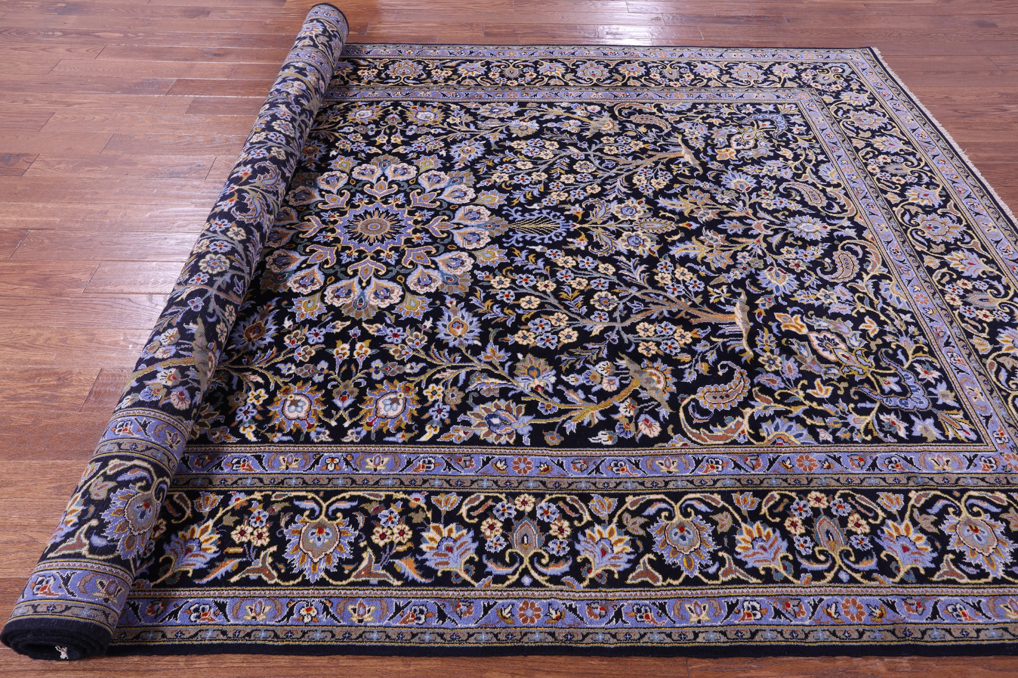 Blue Tree Of Life Persian Kashan Handmade Wool Rug - 7' 9" X 12' 2"