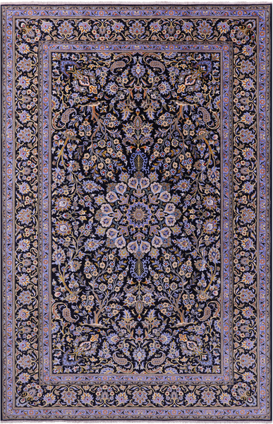 Blue Tree Of Life Persian Kashan Handmade Wool Rug - 7' 9" X 12' 2"