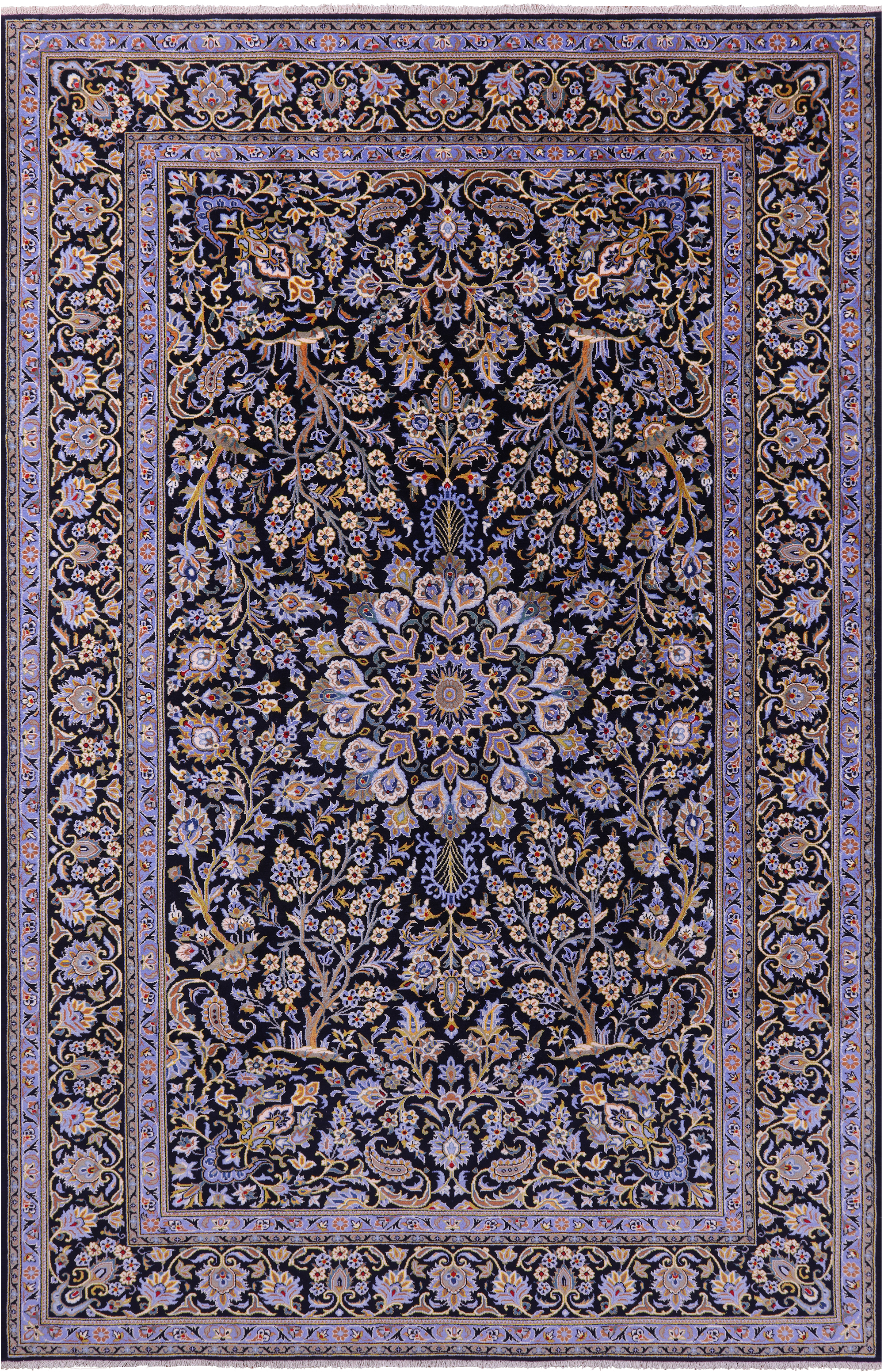 Blue Tree Of Life Persian Kashan Handmade Wool Rug - 7' 9" X 12' 2"