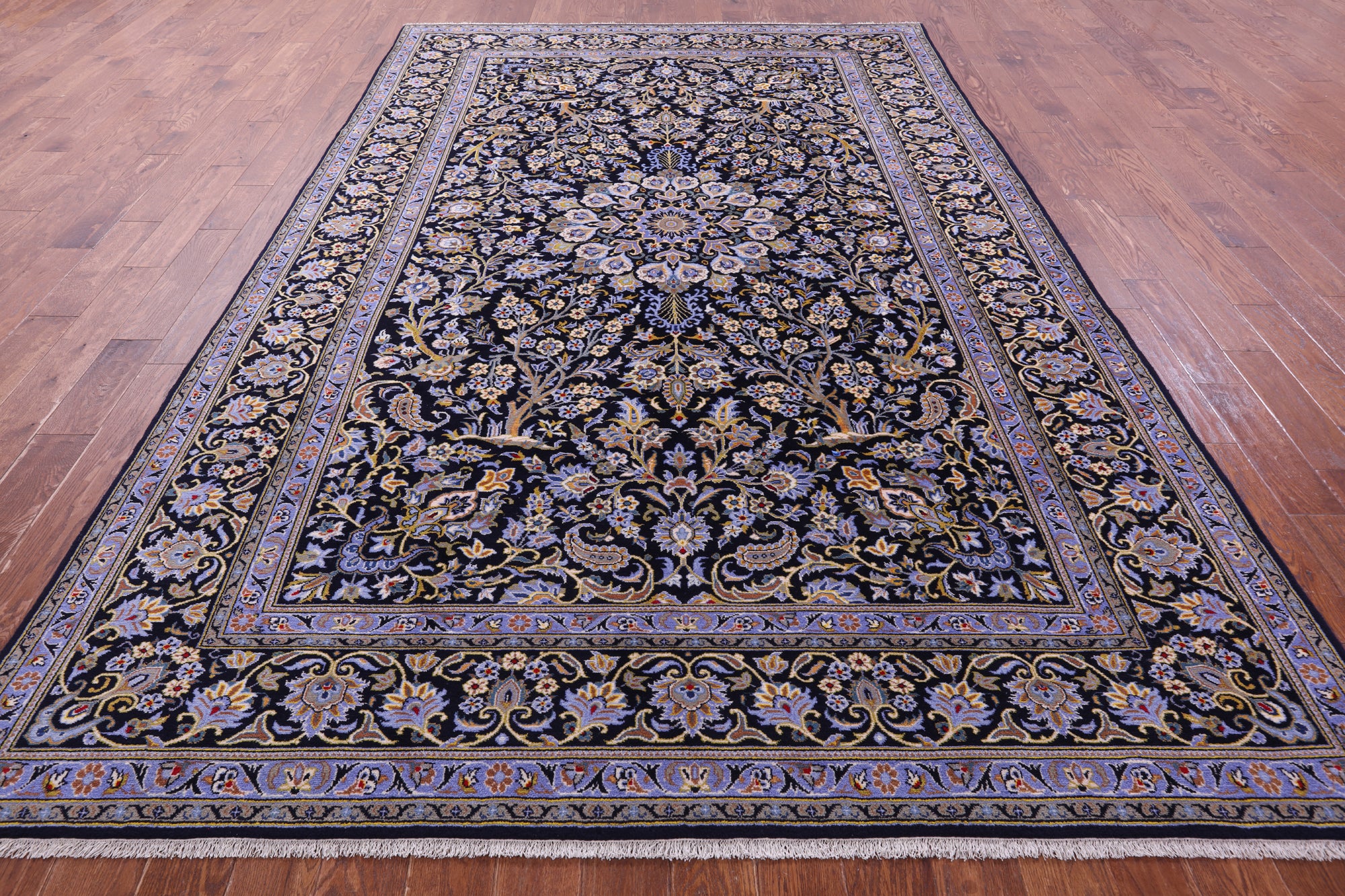 Blue Tree Of Life Persian Kashan Handmade Wool Rug - 7' 9" X 12' 2"