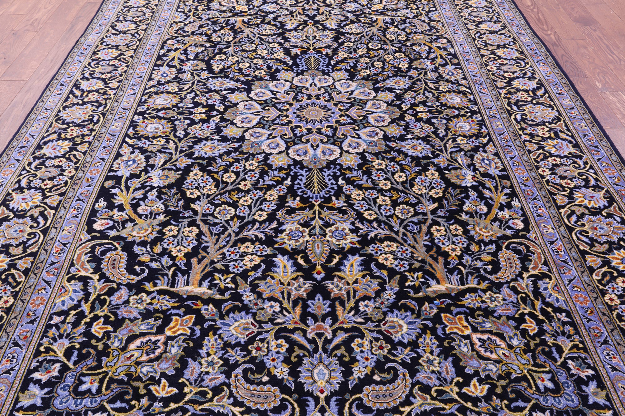 Blue Tree Of Life Persian Kashan Handmade Wool Rug - 7' 9" X 12' 2"