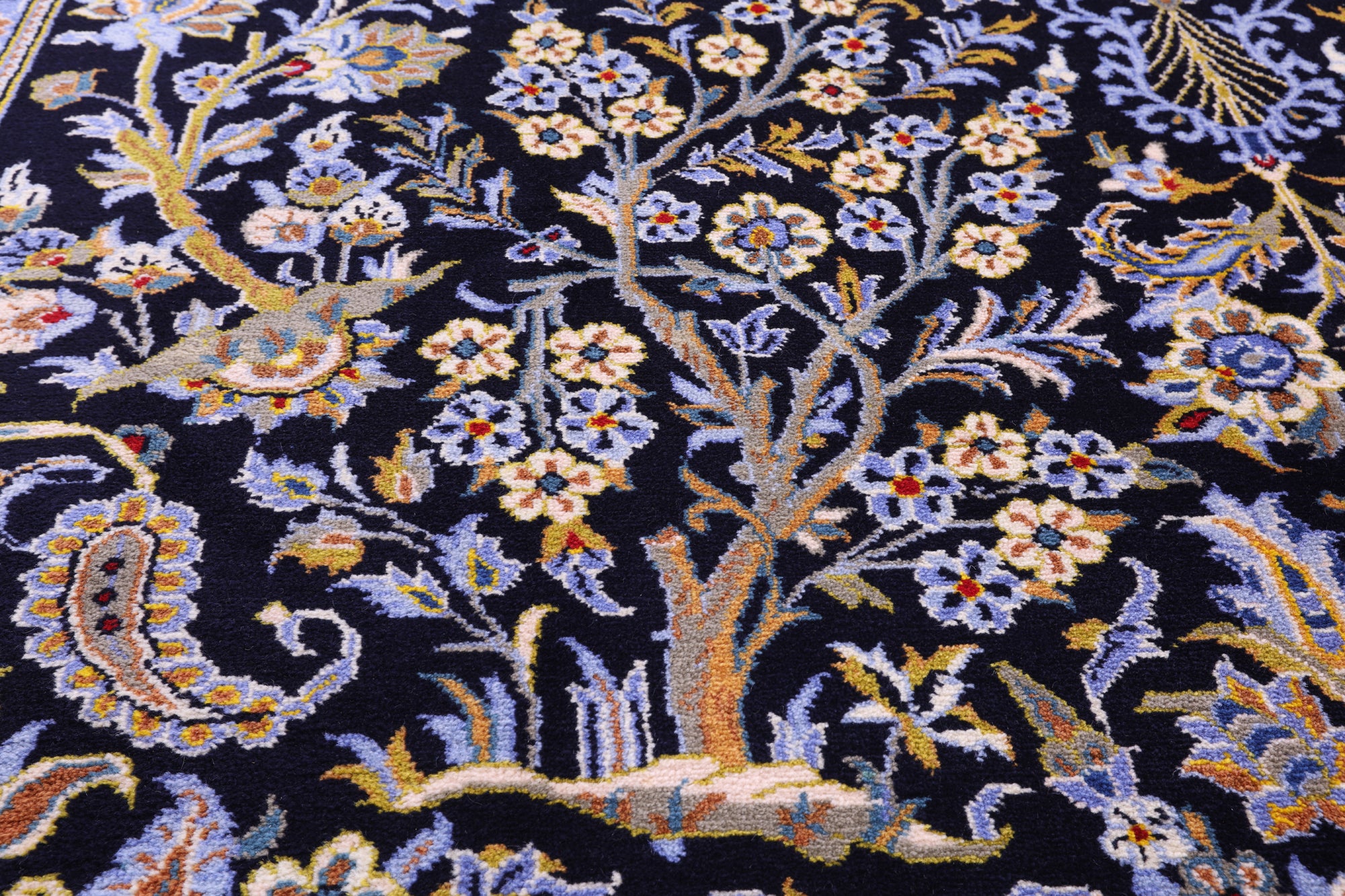 Blue Tree Of Life Persian Kashan Handmade Wool Rug - 7' 9" X 12' 2"