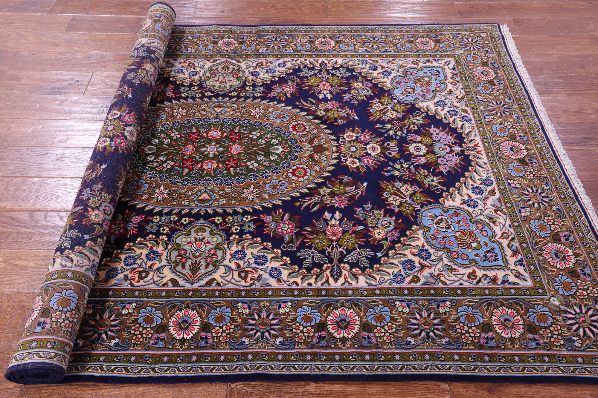 Blue Persian Qum Handmade Wool Rug - 4' 9" X 6' 11"