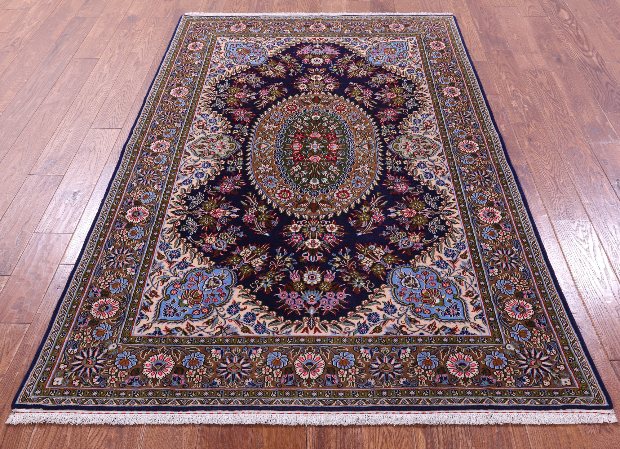 Blue Persian Qum Handmade Wool Rug - 4' 9" X 6' 11"