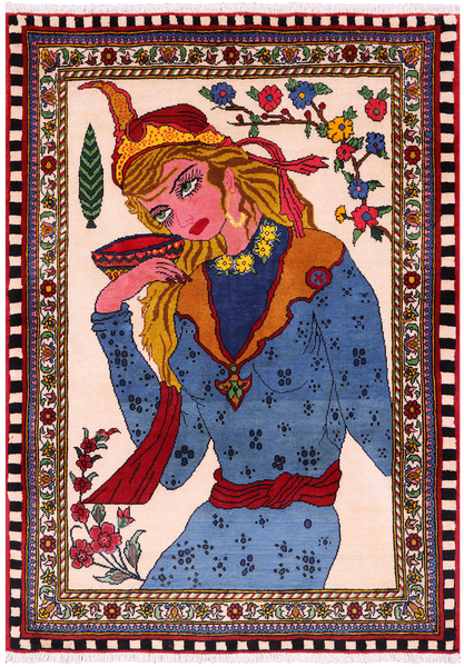 Persian Pictorial Hand Knotted Wool Rug - 3' 6" X 4' 11" - Golden Nile