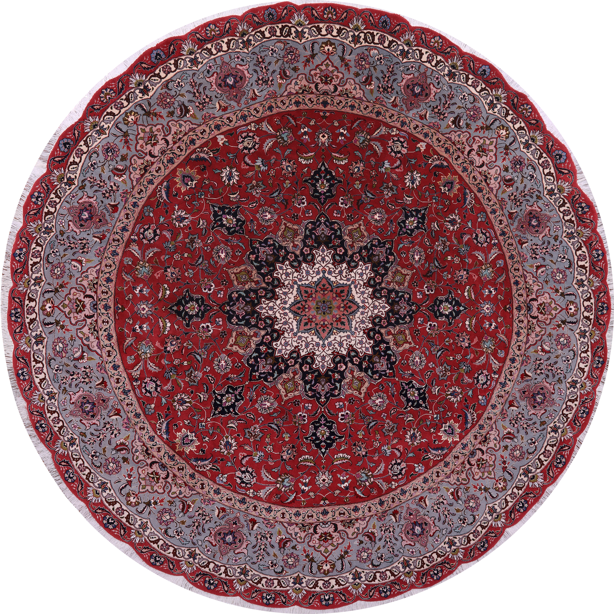 Red Round Persian Tabriz Hand Knotted Wool & Silk Rug - 7' 10" X 7' 10"