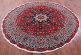 Red Round Persian Tabriz Hand Knotted Wool & Silk Rug - 7' 10" X 7' 10"