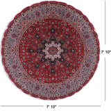 Red Round Persian Tabriz Hand Knotted Wool & Silk Rug - 7' 10" X 7' 10"