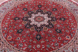 Red Round Persian Tabriz Hand Knotted Wool & Silk Rug - 7' 10" X 7' 10"