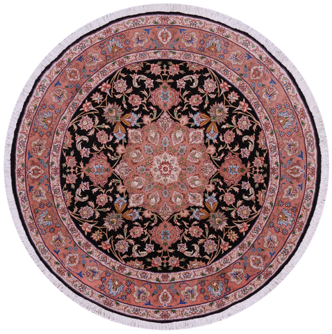 Round Persian Tabriz Hand Knotted Wool & Silk Rug - 5' 0