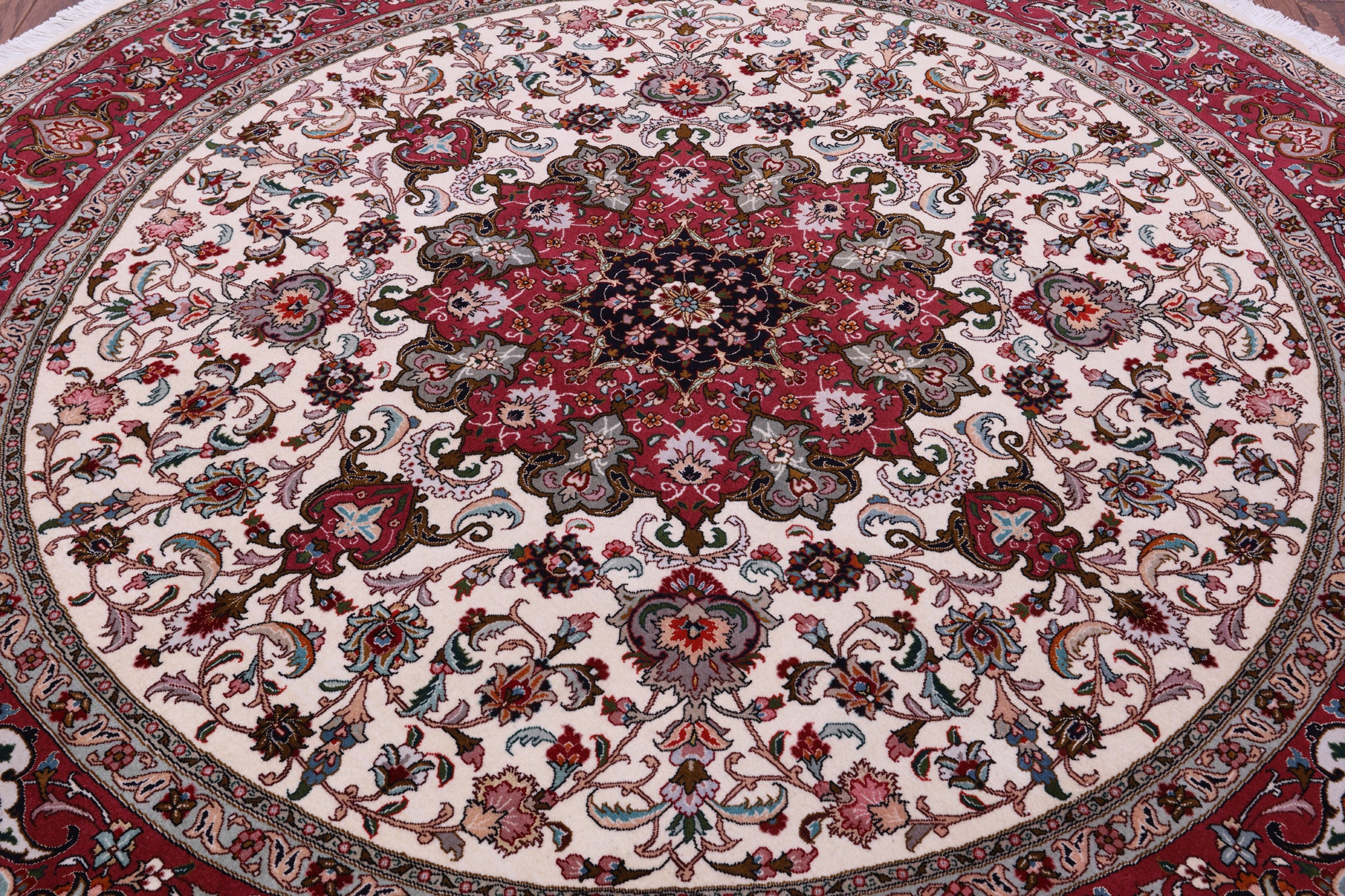 Round Persian Tabriz Hand Knotted Wool & Silk Rug - 6' 7" X 6' 7"