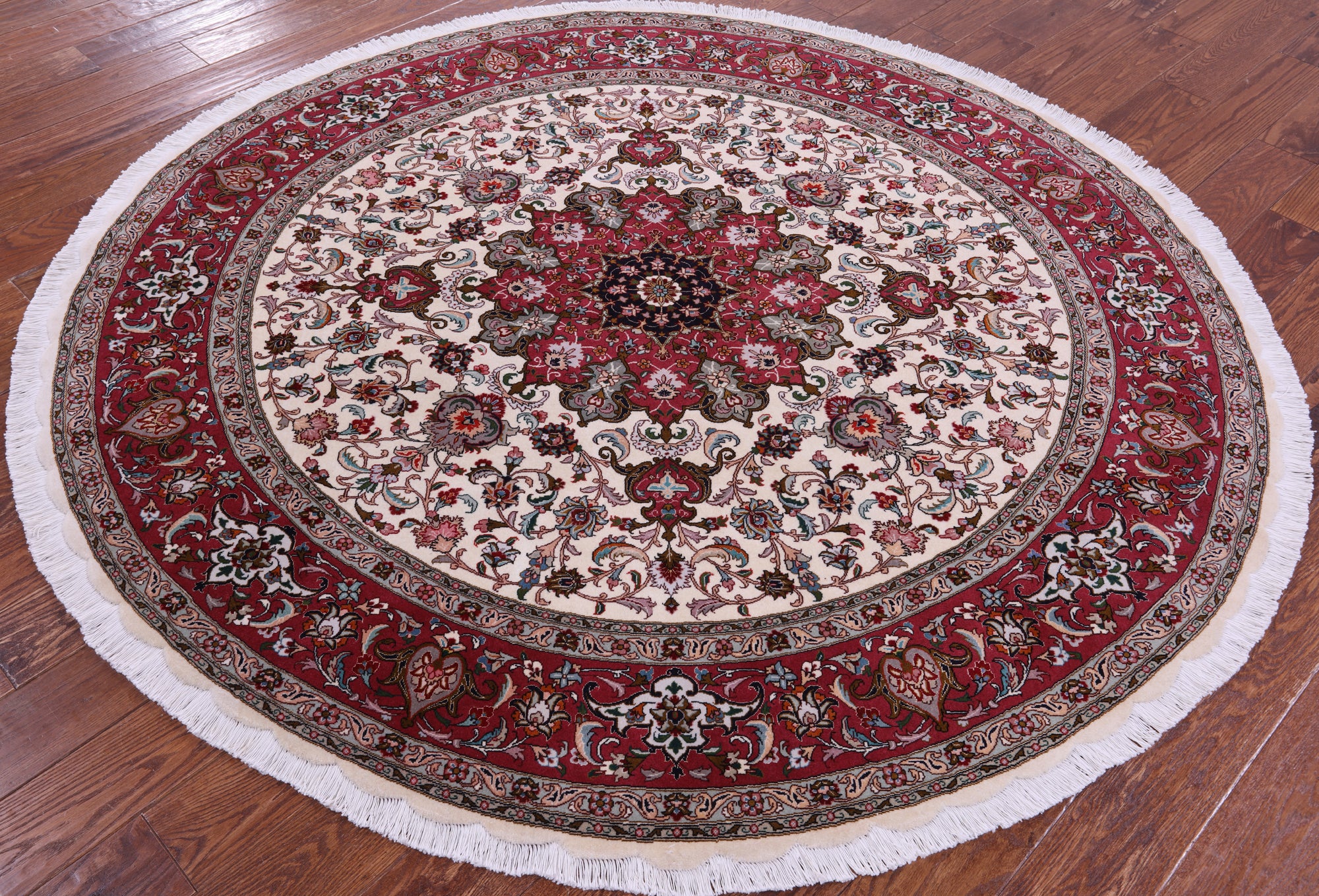 Round Persian Tabriz Hand Knotted Wool & Silk Rug - 6' 7" X 6' 7"